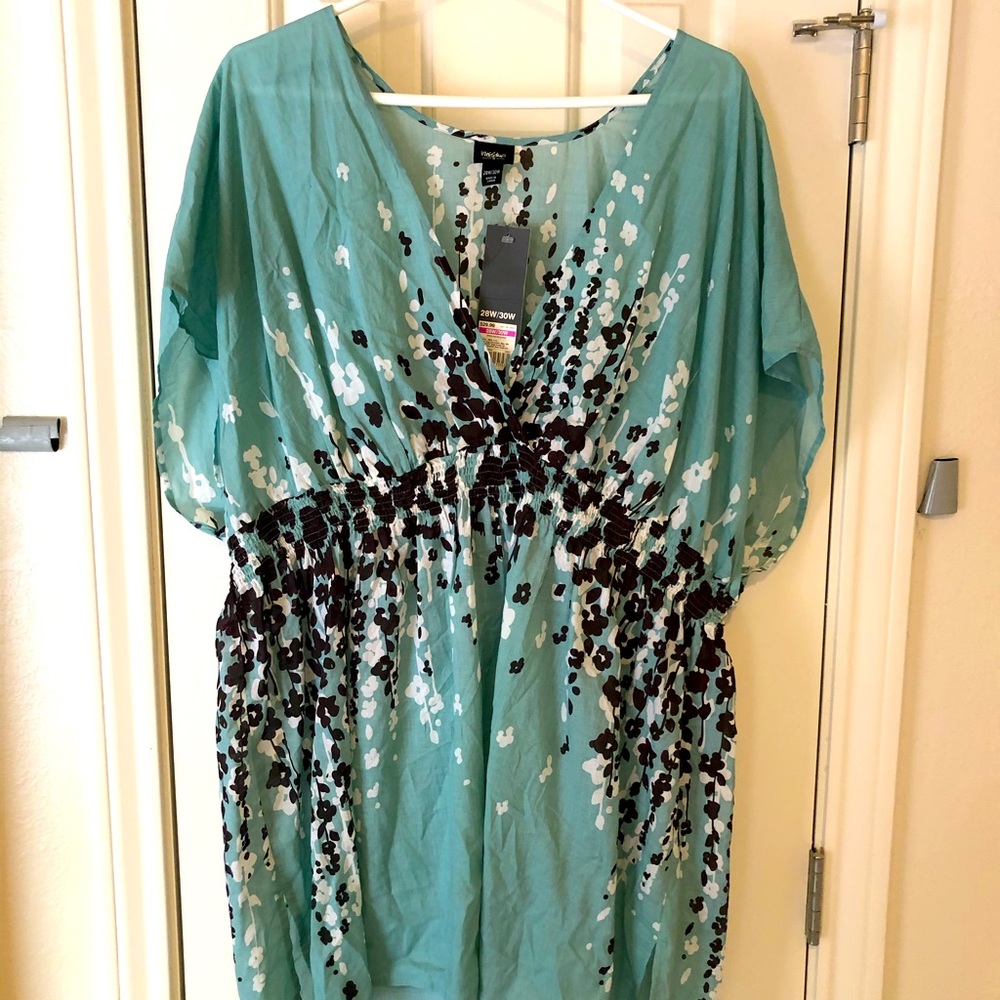 Cotton dress or coverup in Aqua/brown/white
